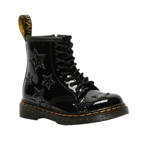 Dr. Martens Baby Combat Boots Glitter Cosmic Star Sparkle Black Patent Leather 9
